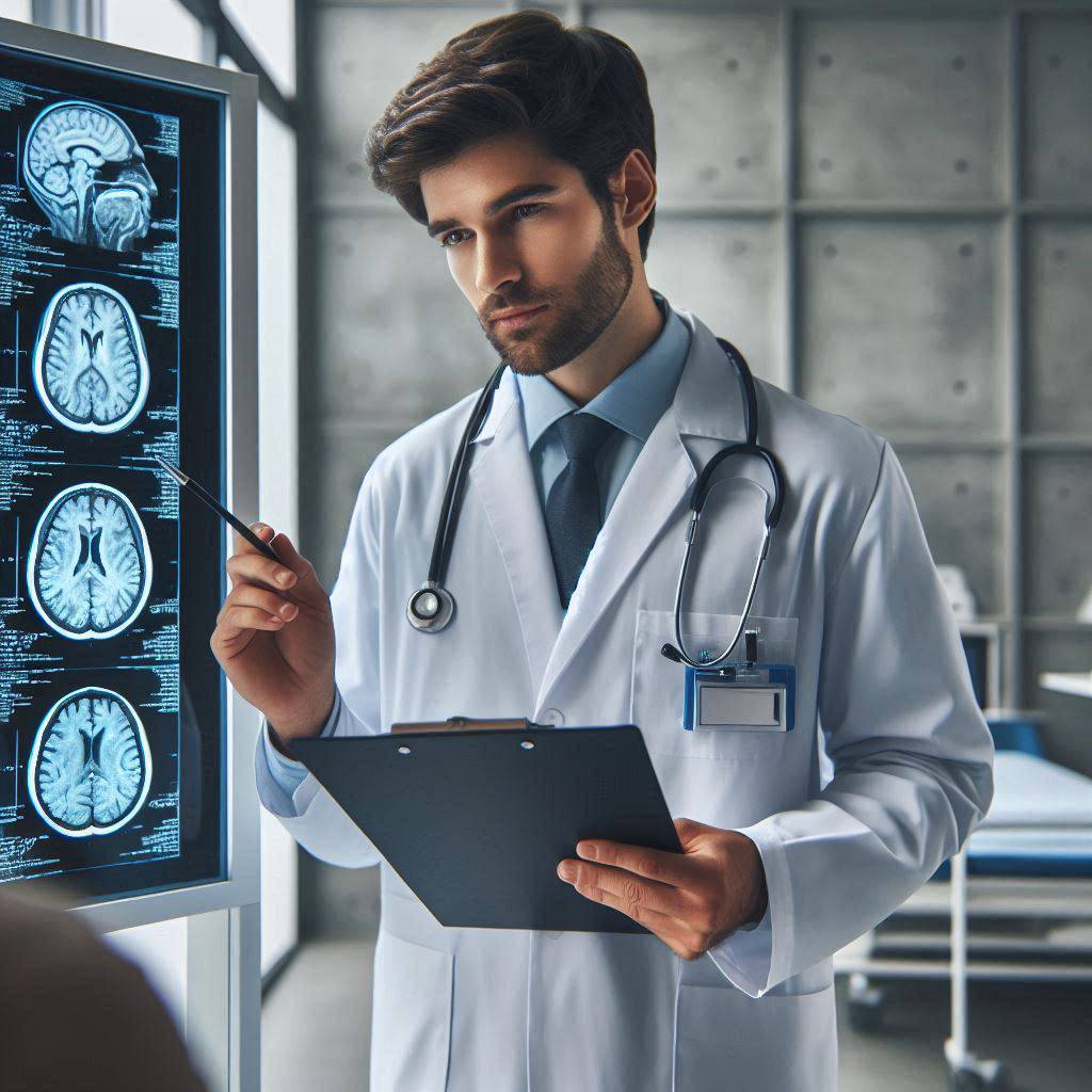 پزشک در حال بررسی عکس سر بیمار پزشک در حال بررسی عکس سر بیمار