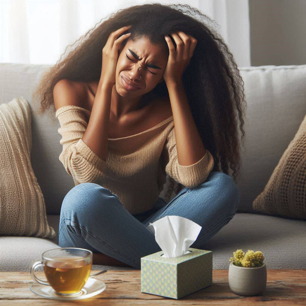 خانمی که از شدت سردرد، سر خود را گرفته است خانمی که از شدت سردرد، سر خود را گرفته است