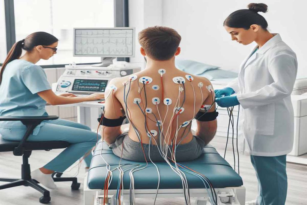 گرفتن نوار عصب و عضله از بیمار دو پزشک در کلینیک از بیمار نوار عصب و عضله می گیرند