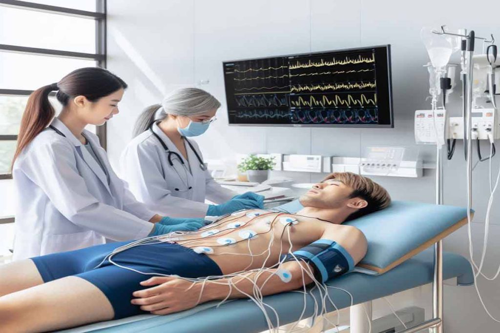 انجام نوار عصب توسط دو پزشک متخصص دو پزشک خانم در بیمارستان، برای بیمار نوار عصب می گیرند