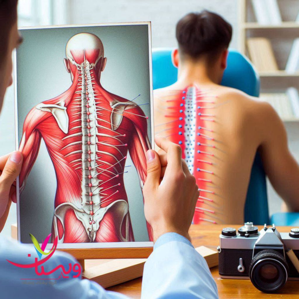 بررسی عکس بیمار توسط پزشک پزشک در حال بررسی عکس بیمار برای انجام طب سوزنی