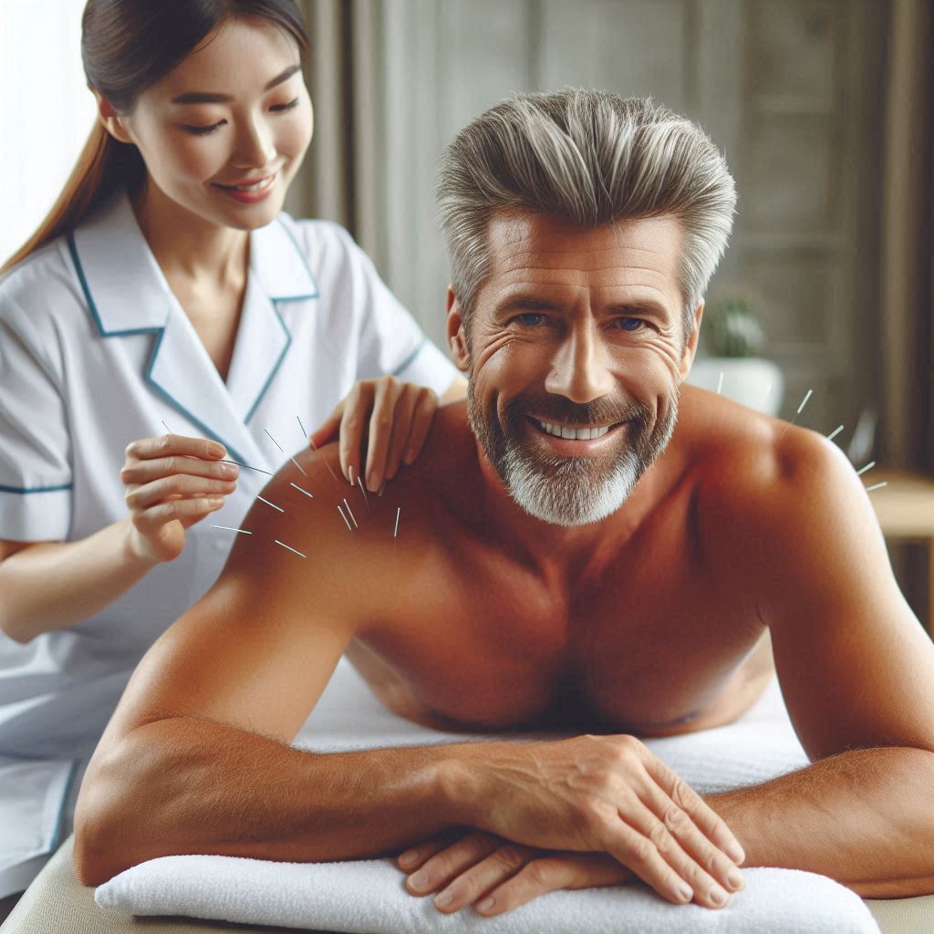 انجام طب سوزنی برای شانه یخ زده پزشک برای بیمار طب سوزنی شانه انجام می دهد