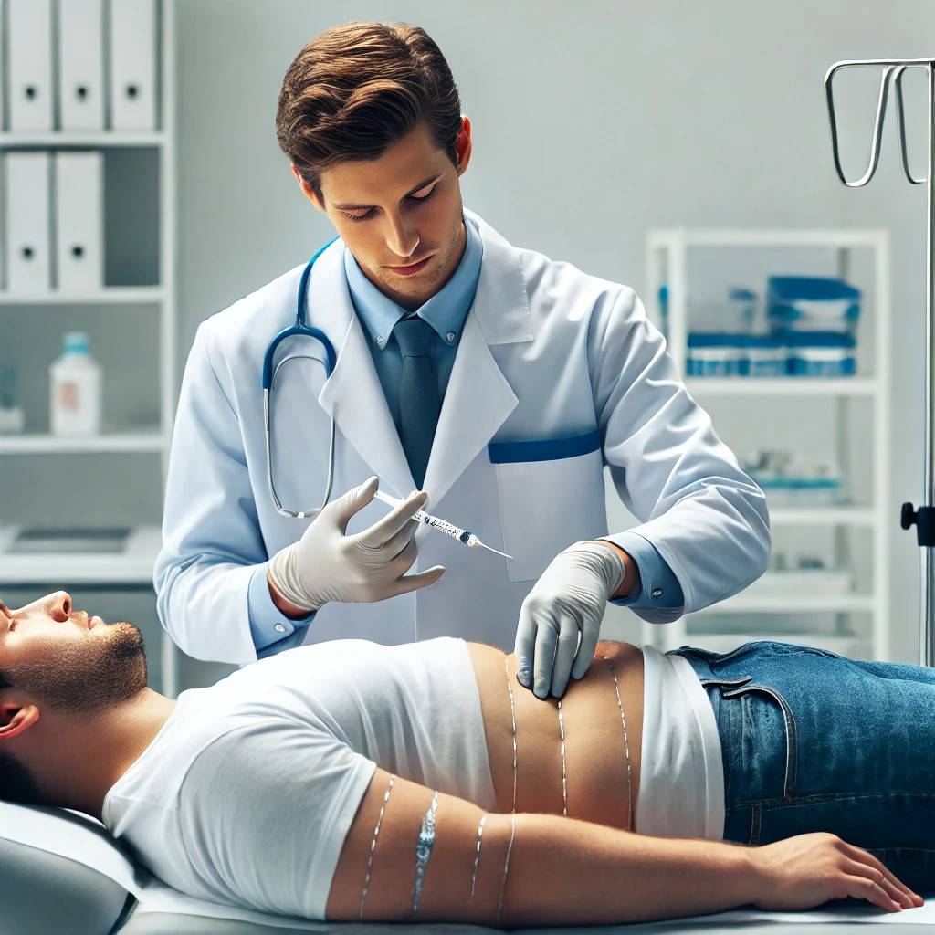 آماده سازی بیمار برای بوتاکس معده بیمار روی تخت دراز کشیده و پزشک برای بیمار تزریق بوتاکس انجام می دهد