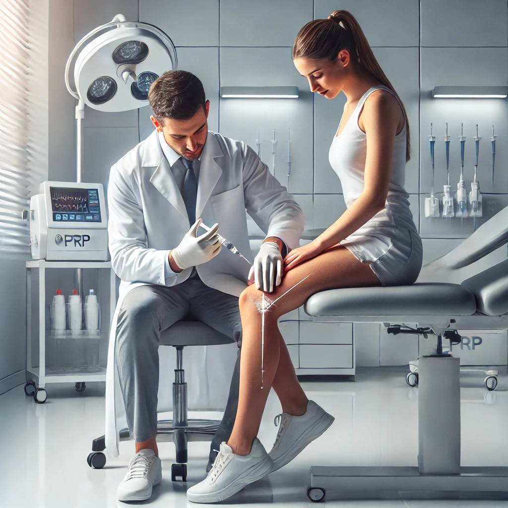 ارائه خدمات درمانی ویژه برای پی آر پی توسط پزشک پزشک در کلینیک تخصصی، برای بیمار خانم، پی آر پی زانو انجام می دهد.