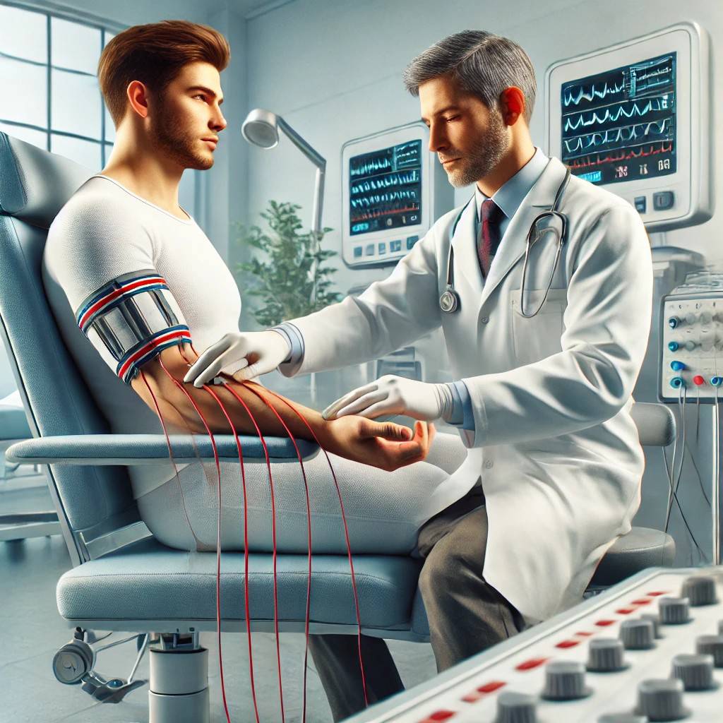 تشخیص مشکلات عضلانی و عصبی با نوار عصب و عضله متخصص در حال انجام نوار عصب برای تشخیص مشکلات عضلانی و عصبی