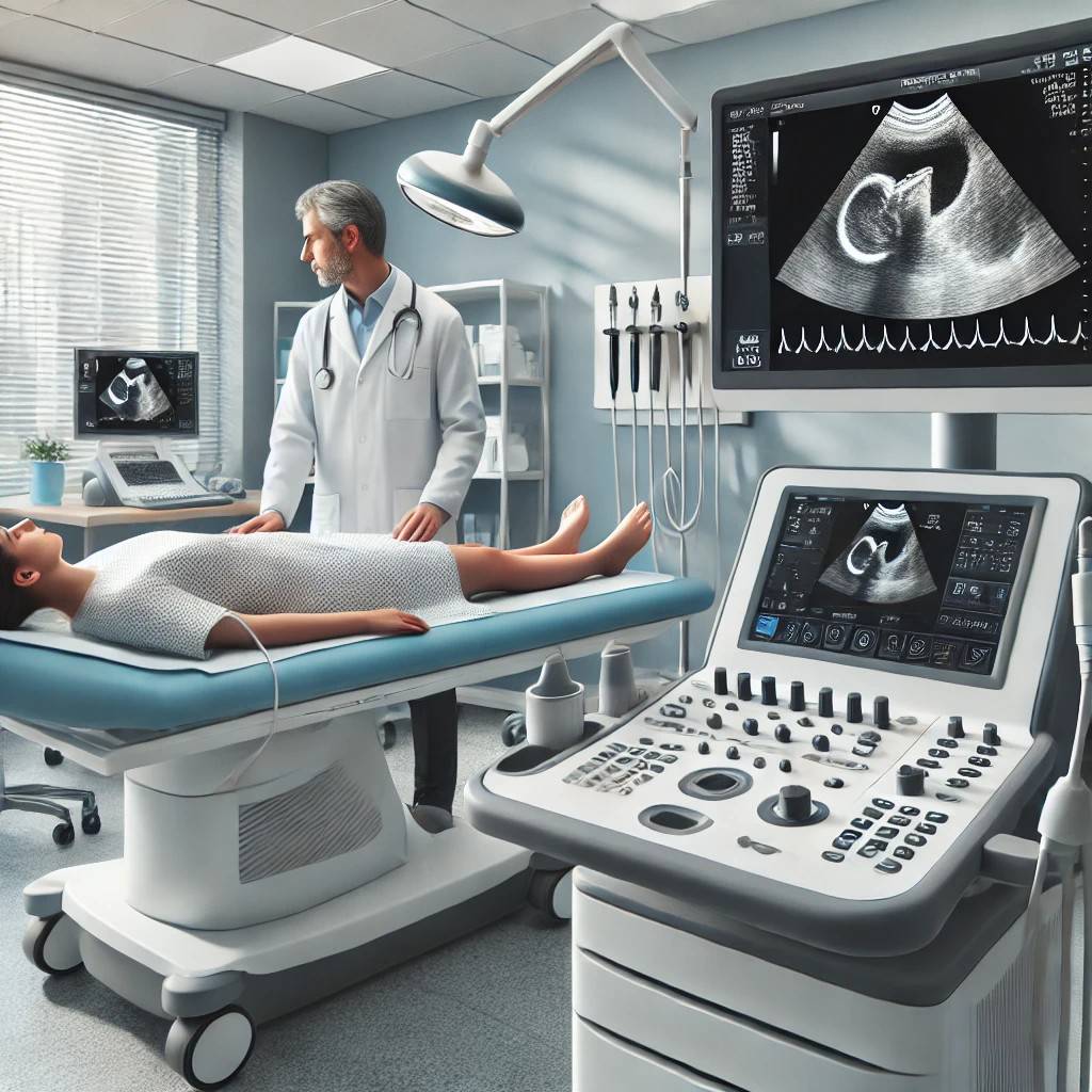 اکو قلب جنین بیمار روی تخت دراز کشیده و برای انجام اکو قلب جنین آماده می شود