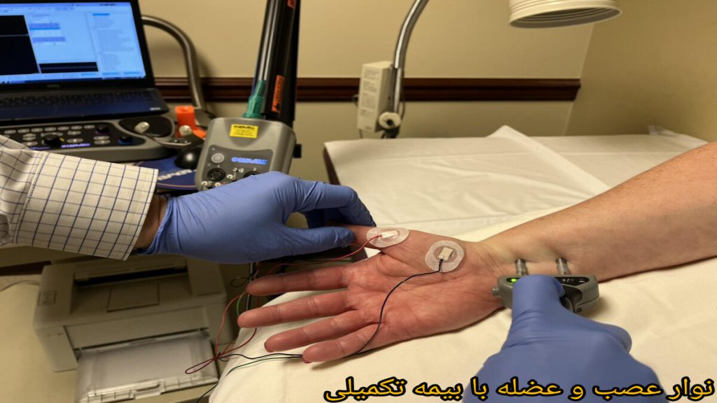 انجام نوار عصب دست برای بیمار بیمار تحت آزمایش نوار عصب و عضله دست توسط پزشک